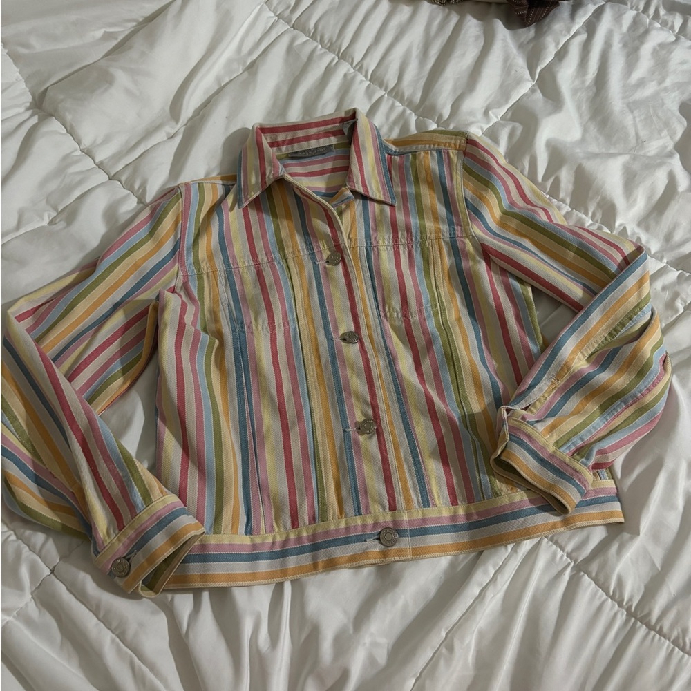 Kate hill 100% cotton vertical stripe rainbow colored denim jacket size 4 petite
